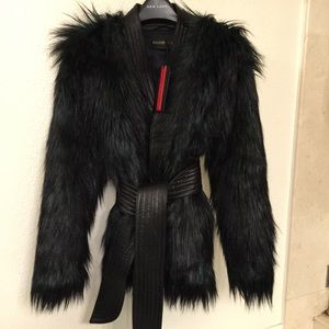 Balmain H&M Fur and Leather Jacket Coat with Belt